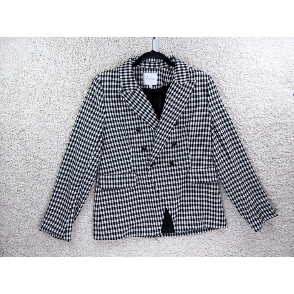 Anthropology Maison d'Amélie Blazer Large Black White Gingham Double Breasted - Picture 2 of 12